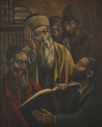 Arthur Bryks Polish oil painting of Jewish men studying by Arthur Bryks