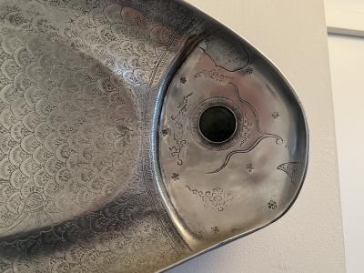 Arthur Court PAIR OF ARTHUR COURT ALUMINUM FISH TRAYS WITH GREEN ADVENTURINE CABOCHON EYE