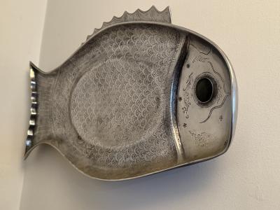 Arthur Court PAIR OF ARTHUR COURT ALUMINUM FISH TRAYS WITH GREEN ADVENTURINE CABOCHON EYE