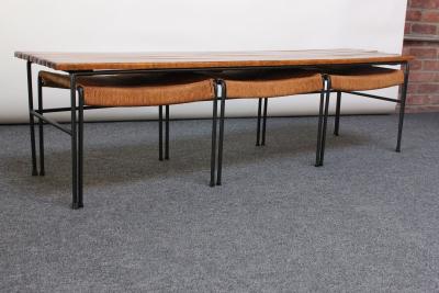 Arthur Umanoff Arthur Umanoff Birch and Iron Bench Coffee Table with Rush Nesting Stools