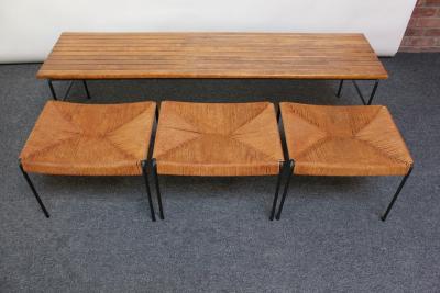 Arthur Umanoff Arthur Umanoff Birch and Iron Bench Coffee Table with Rush Nesting Stools
