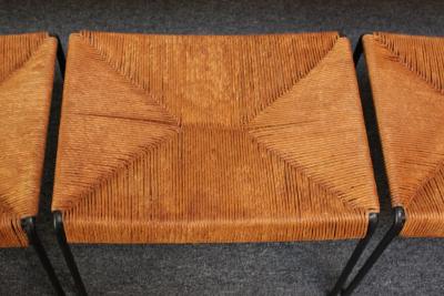 Arthur Umanoff Arthur Umanoff Birch and Iron Bench Coffee Table with Rush Nesting Stools