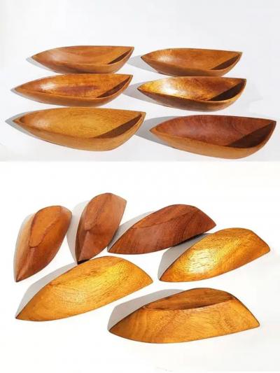 Arthur Umanoff Arthur Umanoff Midcentury Carved Wood Salad Set Bowls and Serving Utensils