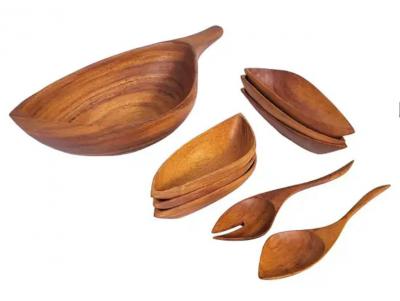 Arthur Umanoff Arthur Umanoff Midcentury Carved Wood Salad Set Bowls and Serving Utensils