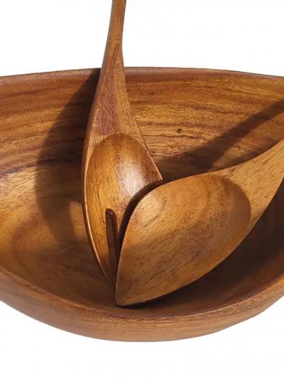 Arthur Umanoff Arthur Umanoff Midcentury Carved Wood Salad Set Bowls and Serving Utensils