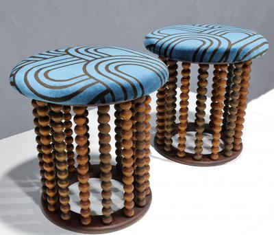 Arthur Umanoff Arthur Umanoff Style Beaded Wood Stools with New Upholstery