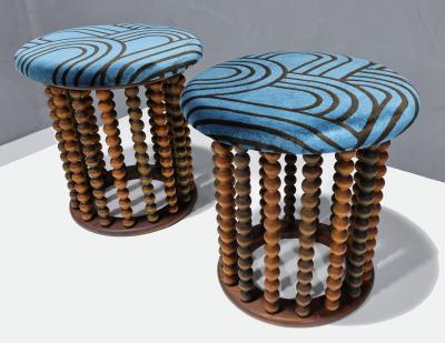 Arthur Umanoff Arthur Umanoff Style Beaded Wood Stools with New Upholstery