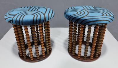 Arthur Umanoff Arthur Umanoff Style Beaded Wood Stools with New Upholstery