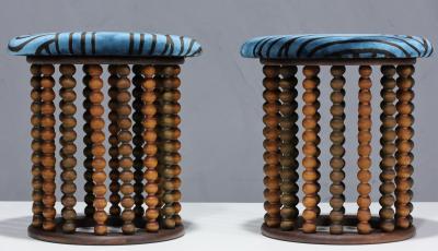 Arthur Umanoff Arthur Umanoff Style Beaded Wood Stools with New Upholstery