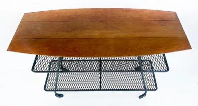 Arthur Umanoff Arthur Umanoff Wrought Iron Rolling Bar Cart Surfboard Wood Top