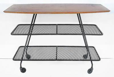 Arthur Umanoff Arthur Umanoff Wrought Iron Rolling Bar Cart Surfboard Wood Top