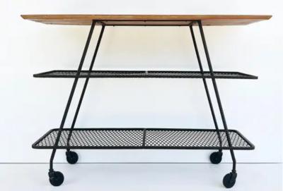 Arthur Umanoff Arthur Umanoff Wrought Iron Rolling Bar Cart Surfboard Wood Top