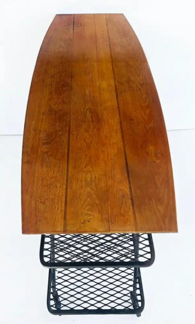Arthur Umanoff Arthur Umanoff Wrought Iron Rolling Bar Cart Surfboard Wood Top