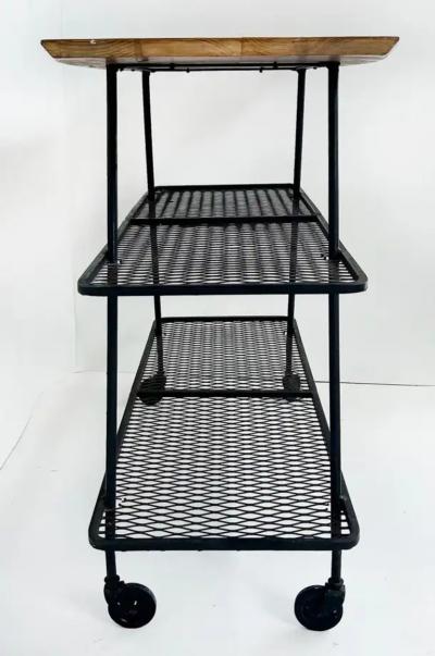 Arthur Umanoff Arthur Umanoff Wrought Iron Rolling Bar Cart Surfboard Wood Top