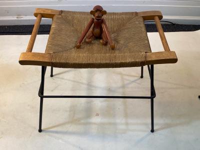 Arthur Umanoff MID CENTURY MODERN THRUSH WOOD AND BLACK IRON BENCH BY ARTHUR UMANOFF