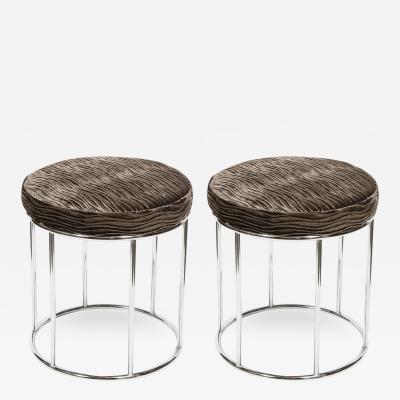 Arthur Umanoff Midcentury Chrome and Smoked Bronze Gauffraged Velvet Stools by Arthur Umanoff