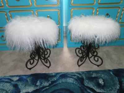 Arthur Umanoff Whimsical Pair Arthur Umanoff Scrolled Wrought Iron Stool Mongolian Lamb