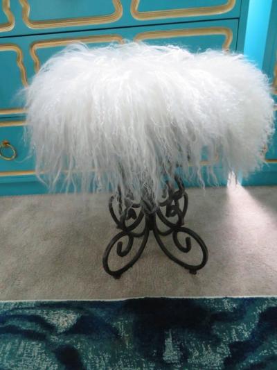 Arthur Umanoff Whimsical Pair Arthur Umanoff Scrolled Wrought Iron Stool Mongolian Lamb