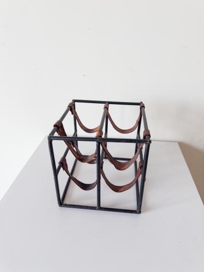 Arthur Umanoff Wrought Iron and Leather Wine Rack by Arthur Umanoff