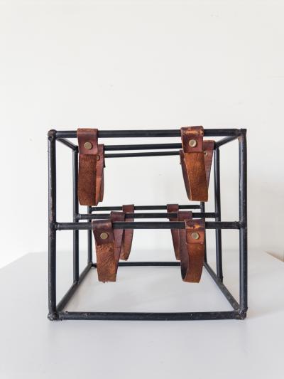 Arthur Umanoff Wrought Iron and Leather Wine Rack by Arthur Umanoff