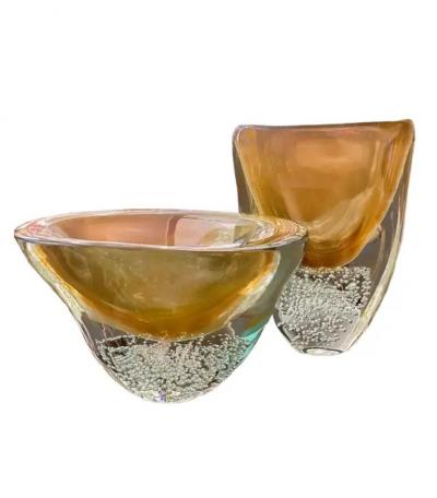 Artisan Blush and Amber Tall Murano Sommerso Glass Vase with Gold Inclusions