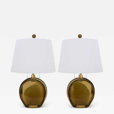 Artisan Pair of Murano Sommerso Glass and Brushed Brass Table Lamps