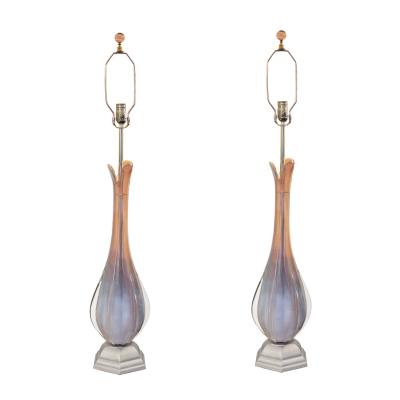 Artisan Pair of Sommerso Murano Glass Petal Top Lamps