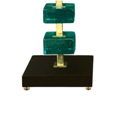 Artisan Turquoise Murano Glass Cube Brass Table Lamps