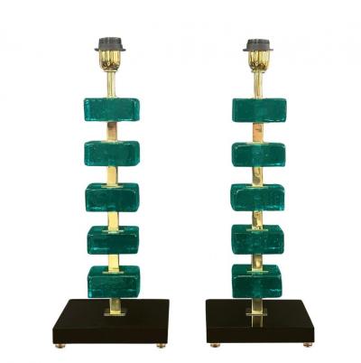 Artisan Turquoise Murano Glass Cube Brass Table Lamps
