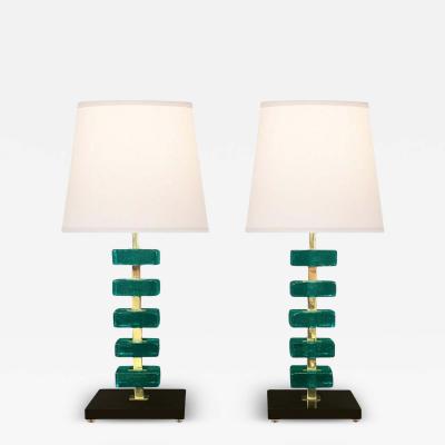 Artisan Turquoise Murano Glass Cube Brass Table Lamps