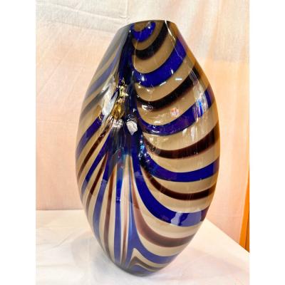 Artistic Italian Vase in Beige Hand Made Murano Glass With Blue and Brown Reeds