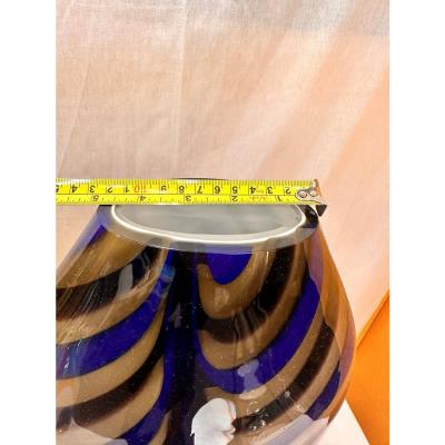 Artistic Italian Vase in Beige Hand Made Murano Glass With Blue and Brown Reeds