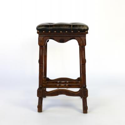 Arts And Crafts Period Square Stool Upholstered In Tufted Dark Leather