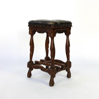 Arts And Crafts Period Square Stool Upholstered In Tufted Dark Leather