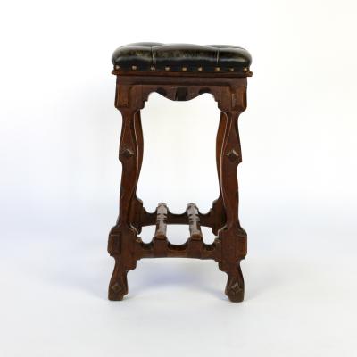 Arts And Crafts Period Square Stool Upholstered In Tufted Dark Leather
