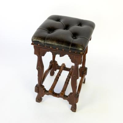 Arts And Crafts Period Square Stool Upholstered In Tufted Dark Leather