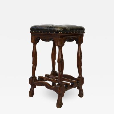 Arts And Crafts Period Square Stool Upholstered In Tufted Dark Leather