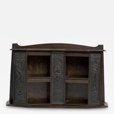 Arts Crafts Oak Desk Top Bookcase with 3 Bronze Art Nouveau Period Plaques