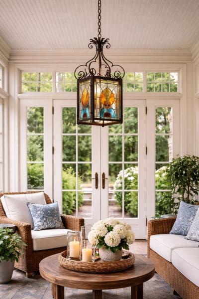 Arts Crafts Stained Glass Hanging Lantern