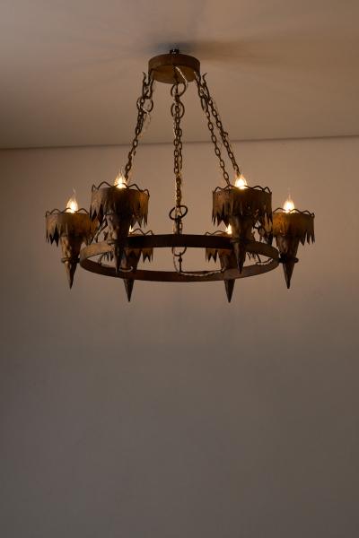 Arts Crafts Wrought Iron Chandelier with Six Torches 20th Century