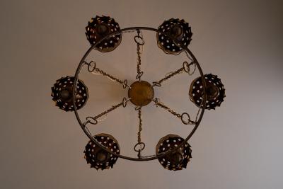 Arts Crafts Wrought Iron Chandelier with Six Torches 20th Century