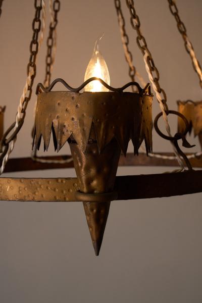 Arts Crafts Wrought Iron Chandelier with Six Torches 20th Century