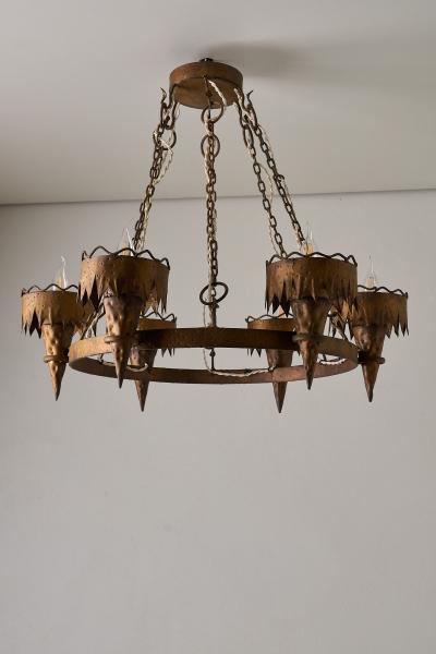 Arts Crafts Wrought Iron Chandelier with Six Torches 20th Century