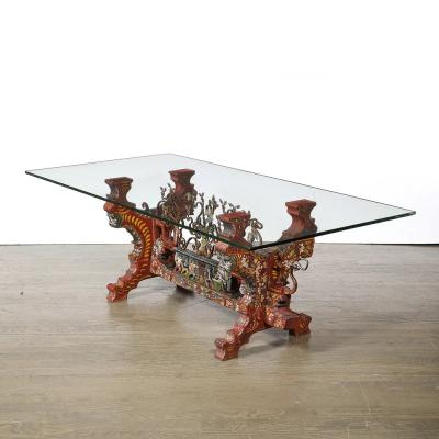 Arts and Crafts Sicilian Polychromed Wood Iron Glass Top Oxcart Cocktail Table