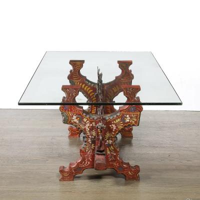 Arts and Crafts Sicilian Polychromed Wood Iron Glass Top Oxcart Cocktail Table