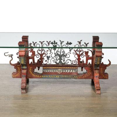 Arts and Crafts Sicilian Polychromed Wood Iron Glass Top Oxcart Cocktail Table