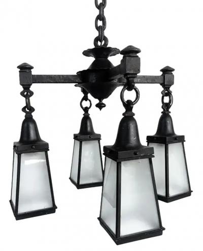 Arts and Crafts Wrought Iron Glass 4 Lantern Chandelier With Canopy