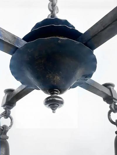 Arts and Crafts Wrought Iron Glass 4 Lantern Chandelier With Canopy