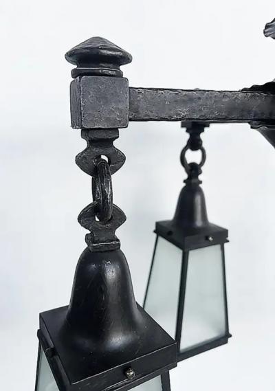 Arts and Crafts Wrought Iron Glass 4 Lantern Chandelier With Canopy