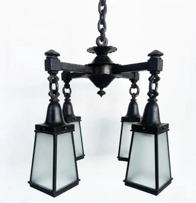 Arts and Crafts Wrought Iron Glass 4 Lantern Chandelier With Canopy